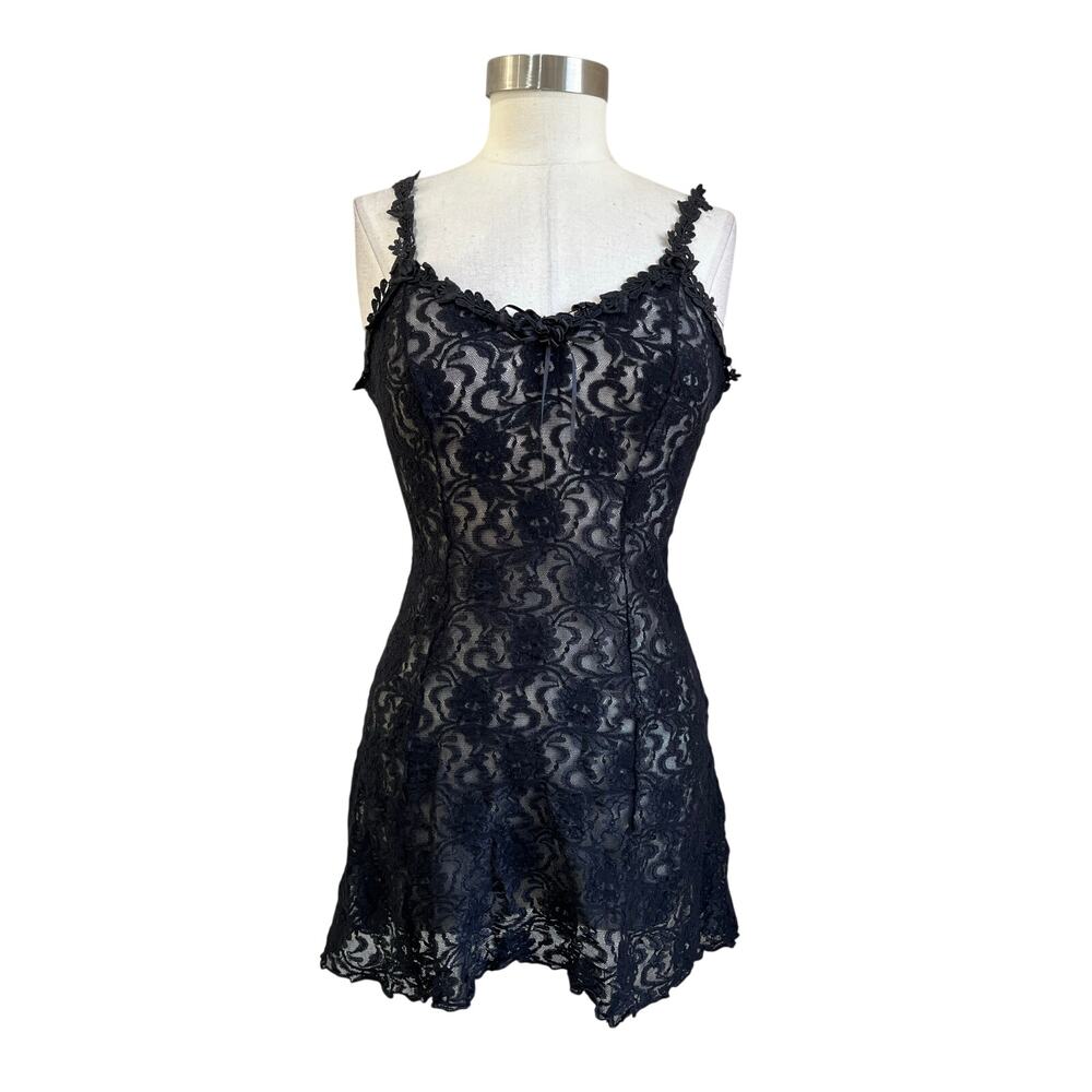 Vintage 90s Black Lace Babydoll Dress Sheer Mini Size M Y2K Goth Lingerie